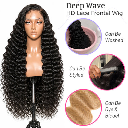 Deep Wave HD Lace Frontal | 100% Human Hair Wig | Natural Black