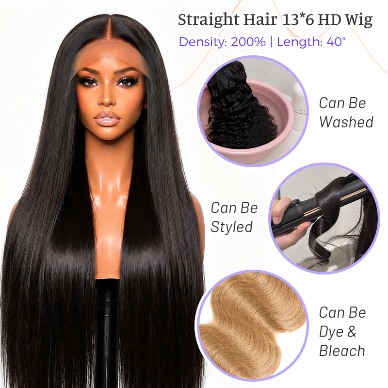 Straight Hair 40 Inch Wig | 13*6 HD Lace | 200% Density | Natural Black