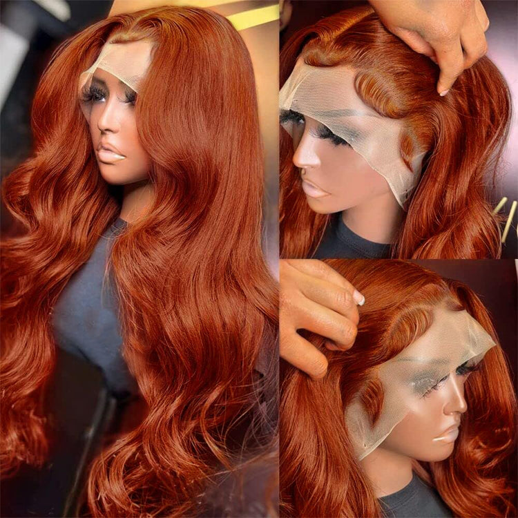 13x4 Transparent Lace Auburn/Red Brown Body Wave 180 Density