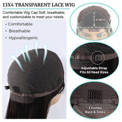 100% Straight Human Hair | 13*4 Transparent  Lace Frontal | 180% Natural Density