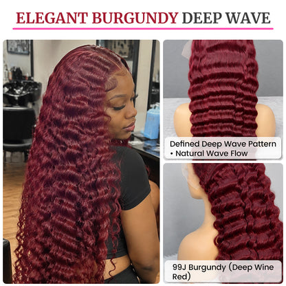 Burgundy 99J Deep Wave HD Lace Wig | 100% Human Hair