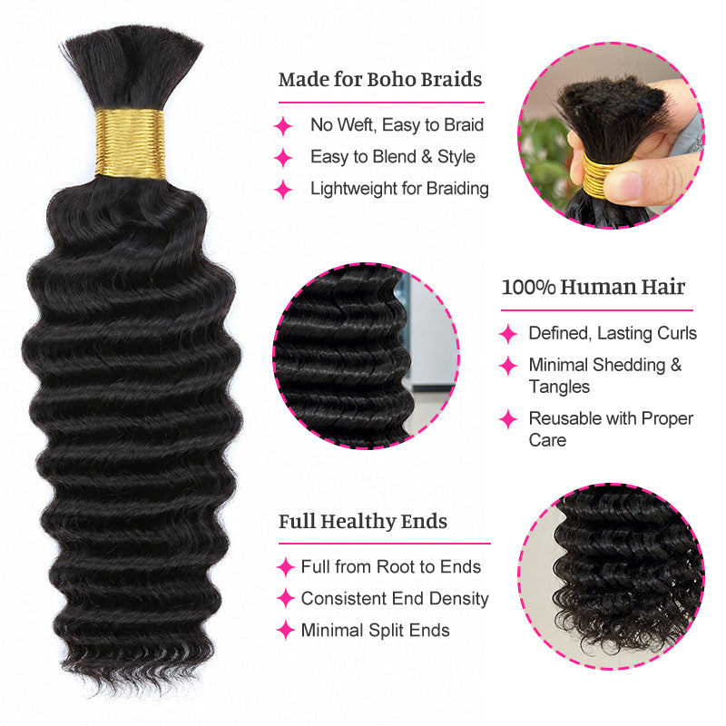 Deep Wave Virgin Bulk Hair For Braids | 100% Human Hair | 100g
