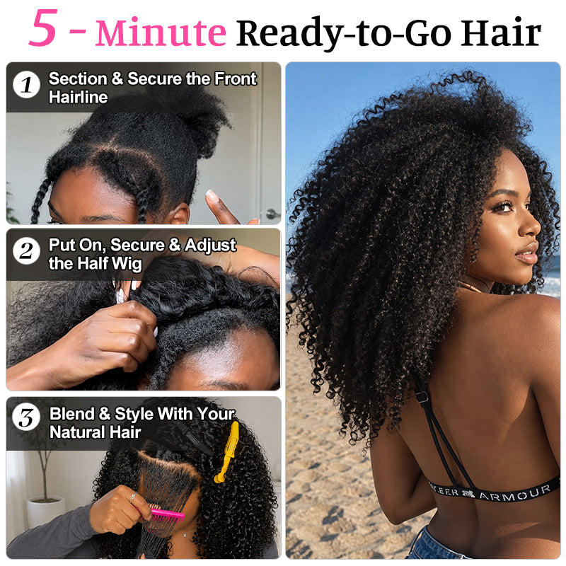Wear & Go Afro Curly Half Wig | Invisible Hairline | Beginner-Friendly