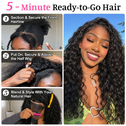 Wear & Go Water Wave Half Wig | Invisible Hairline | Beginner-Friendly