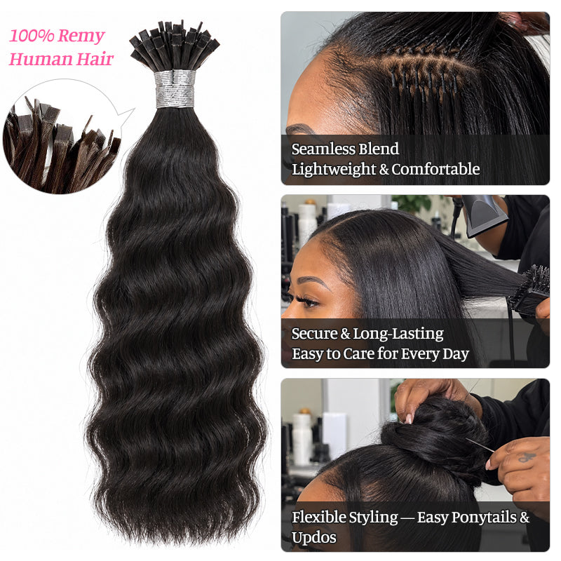 Cambodian Wave K-Tip Human Hair Extensions | 100g/Pack | Full Head 2–3 Packs