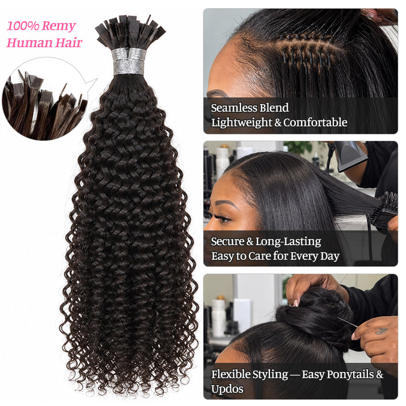 Kinky Curly K-Tip Human Hair Extensions | 100g/Pack | Full Head 2–3 Packs