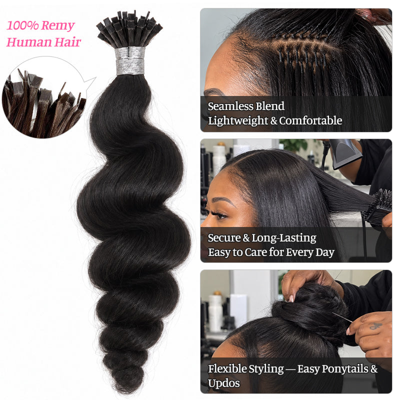 Loose Wave K-Tip Human Hair Extensions | 100g/Pack | Full Head 2–3 Packs