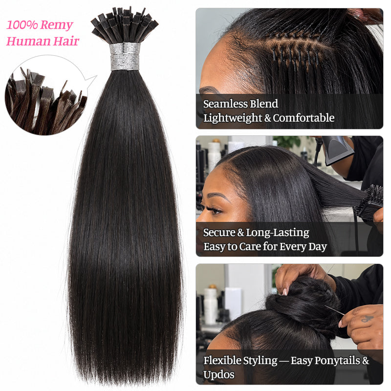 Straight K-Tip Human Hair Extensions | 100g/Pack | Full Head 2–3 Packs