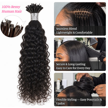Water Wave K-Tip Human Hair Extensions | 100g/Pack | Full Head 2–3 Packs