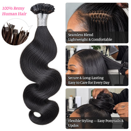 Body Wave K-Tip Human Hair Extensions | 100g/Pack | Full Head 2–3 Packs