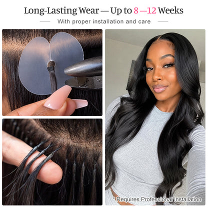 Body Wave K-Tip Human Hair Extensions | 100g/Pack | Full Head 2–3 Packs