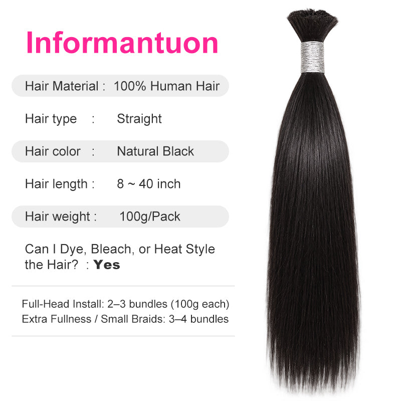 Straight Virgin Bulk Hair For Braids | 100% Human Hair | 100g
