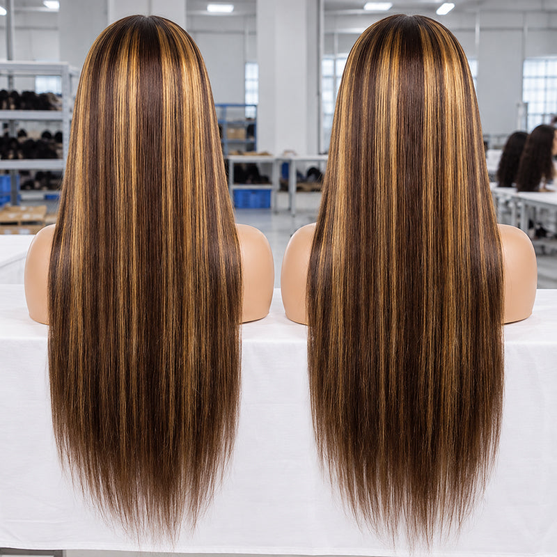 HD Lace Straight Wig | Chocolate Brown with #27 Blonde Highlights