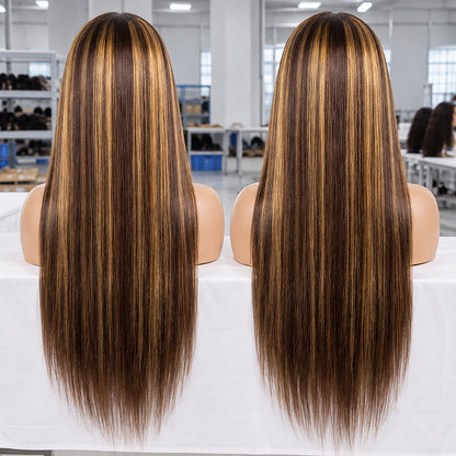 HD Lace Straight Wig | Chocolate Brown with #27 Blonde Highlights