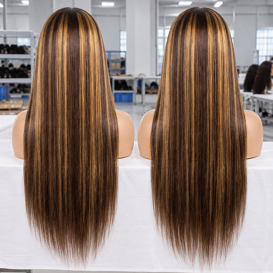 HD Lace Straight Wig | Chocolate Brown with #27 Blonde Highlights