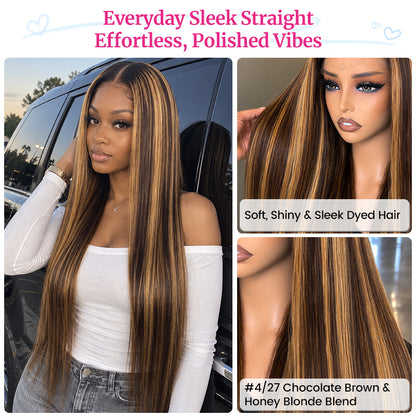HD Lace Straight Wig | Chocolate Brown with #27 Blonde Highlights