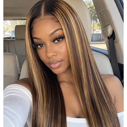 HD Lace Straight Wig | Chocolate Brown with #27 Blonde Highlights