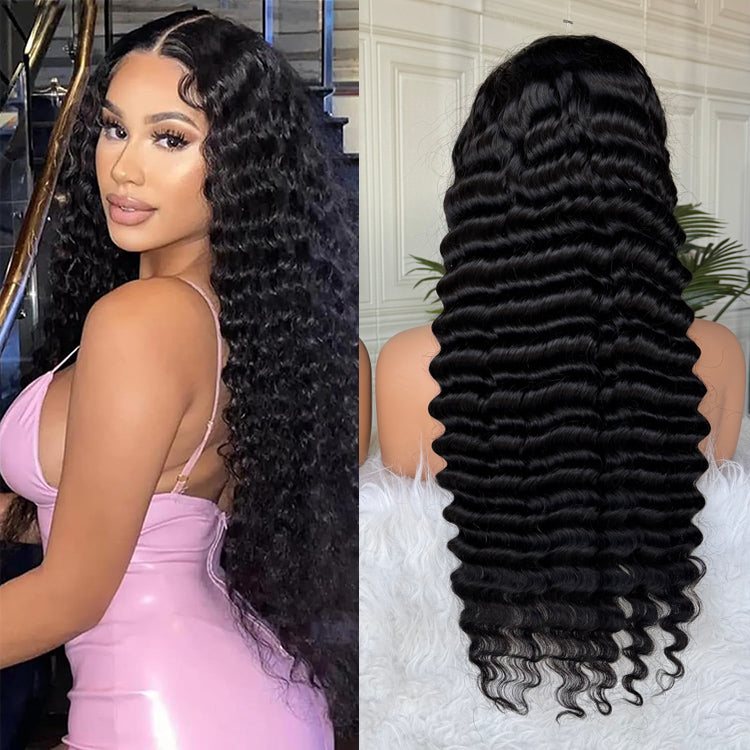 7x6 Lace Frontal Natural Black Deep Wave Wig Ready To Wear Invisible Knots Wig 180%